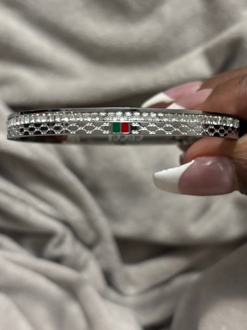 Silver-Tone Bangle Bracelet w/ Green & Red GG Accent